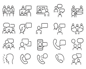 Set of outline icons related conversation, chat, talking, speaking. Linear icon collection
