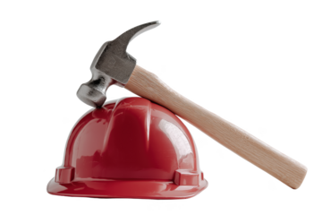 Red hard hat and claw hammer symbolizing construction safety and labor tools transparent background