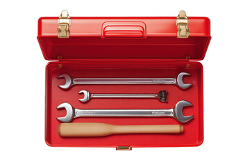 Red toolbox filled with assorted wrenches and a wooden handle tool ready for projects and repairs transparent background