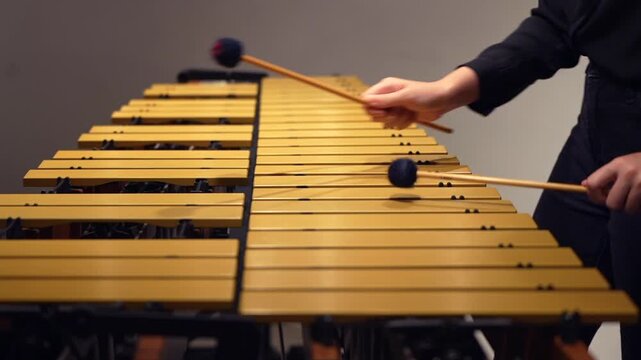 Musician hands close up percussionist playing vibraphone marimba concert side view