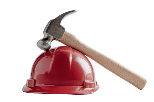 Red hard hat and claw hammer symbolizing construction safety and labor tools transparent background