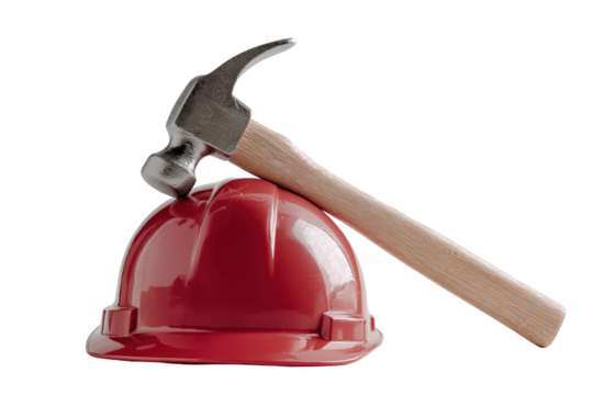 Red hard hat and claw hammer symbolizing construction safety and labor tools transparent background