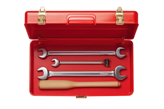 Red toolbox filled with assorted wrenches and a wooden handle tool ready for projects and repairs transparent background