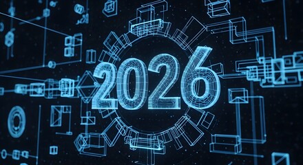 Blue digital wireframe rendering of the year 2026 Technology future innovation data cyber network blueprint progress
