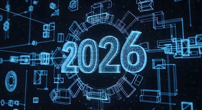 Blue digital wireframe rendering of the year 2026 Technology future innovation data cyber network blueprint progress