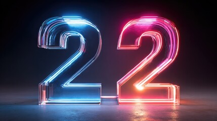 Glowing neon number twenty-two on dark background
