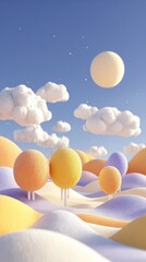 Pastel landscape with fluffy clouds, stylized trees, and a soft sun