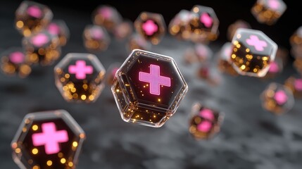 Glowing hexagonal shapes, containing plus symbols, float against a dark background