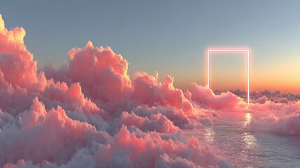 Pink cloudscape with glowing square frame at sunset