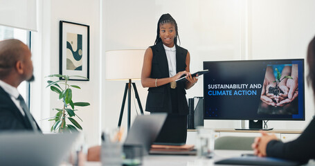 Business woman, presentation and sustainability with tablet, climate change and action for environment. CSR, eco friendly problem solving and speaker by screen with goals to combat global warming