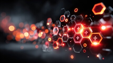 Glowing red hexagons stream across a dark background, creating a sense of depth and technological advancement