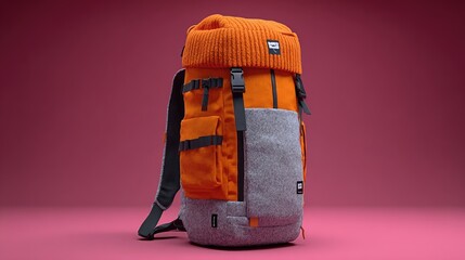Orange and grey backpack with a knitted collar