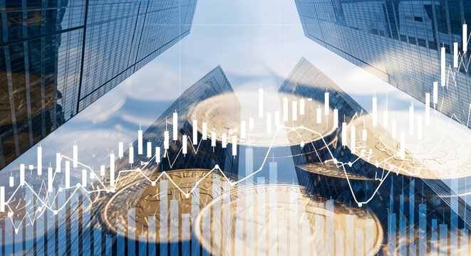 Dynamic financial growth visualized with modern skyscrapers and rising stock market charts overlayed on gold coins.