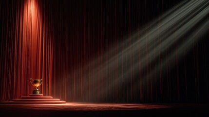 A golden chalice sits on a stage, illuminated by spotlights, behind dark red curtains
