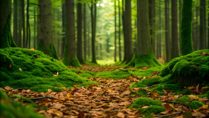 Lush green forest path surrounded by vibrant foliage on a sunny autumn day