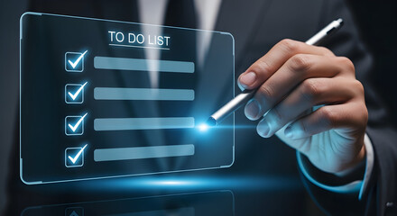 Professional businessman checks off tasks on futuristic glowing digital to do list with stylus
