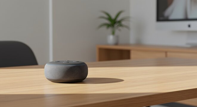 An Echo Dot sits on a light wood table in front of a desk plant and computer screen