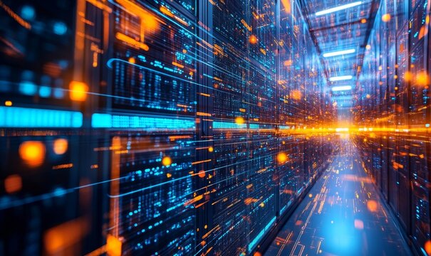 Modern server room filled with high-powered IT racks representing the latest in data storage technology This image illustrates efficient data management systems and the critical role, Generative AI