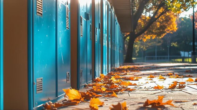 Colorful autumn leaves beside blue lockers in a serene school setting during late afternoon sunlight