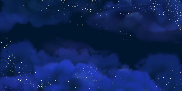 Night sky with stars vector background. Realistic dark blue clouds and shining golden glitter. Luxury background