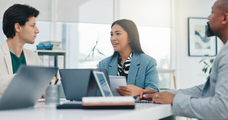 Business, woman and staff with document in office for accounting, finance policy and budget review. People, team and laptop for financial report, tax preparation and audit process of company proposal