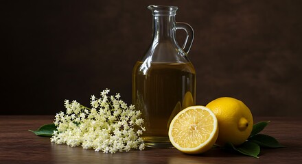 A still life featuring elderflower blossoms, a glass bottle of oil, and lemon slices, on a dark wooden surface.