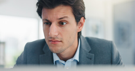 Man, confused and thinking with computer at office, mistake and stress at finance agency. Business...