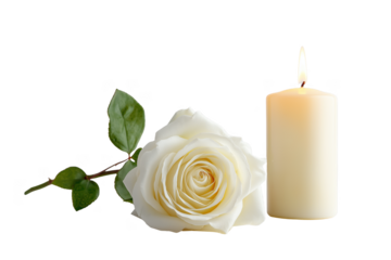 Single white rose and lit candle symbolizing remembrance grief and sympathy on a dark backdrop transparent background