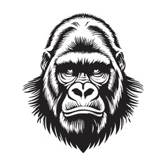 Black and white gorilla head vector illustration, primate graphic design eps silhouette