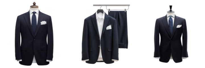 Three elegant suits displayed one on a mannequin two outfits on a hanger formal attire for men's fashion transparent background