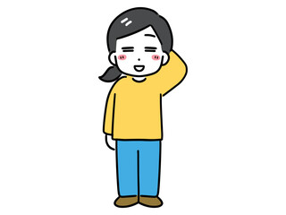 笑顔で少し照れている私服の若い女性(全身・正面)