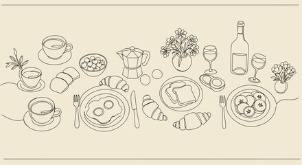 Elegant breakfast table with coffee, fresh pastries, eggs, and wine in linear style