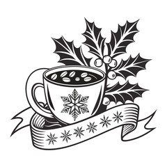 A festive Christmas cup decorated with snowflakes and surrounded by holly leaves, perfect for holiday designs, cozy winter vibes, seasonal greetings, and cheerful Christmas artwork.