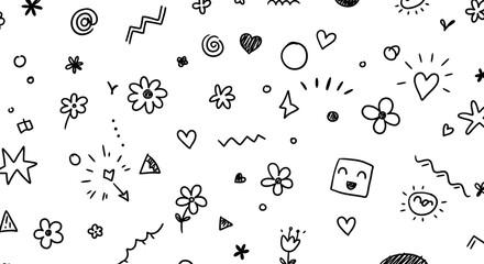 Playful doodle pattern with hearts, flowers, and spirals on white background