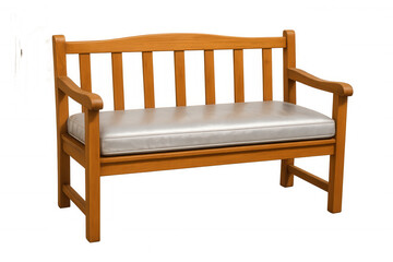 Wooden bench with grey cushioned seat, versatile for indoor and outdoor spaces, resting against minimalist transparent backdrop