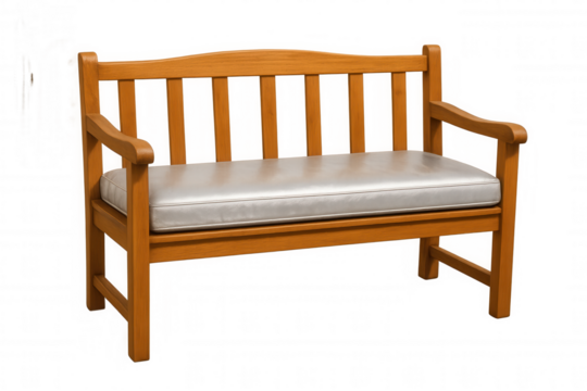 Wooden bench with grey cushioned seat, versatile for indoor and outdoor spaces, resting against minimalist transparent backdrop