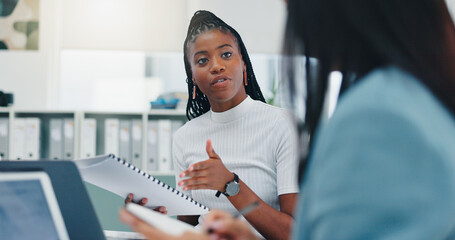 Team, meeting and documents with business woman in office for campaign advisor, project or...