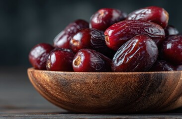 Obraz premium Pile of dark red dates in a wooden bowl