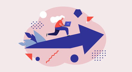 Dynamic growth concept with person running upward on large arrow in abstract style