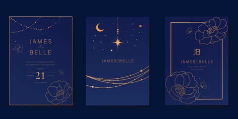 Wedding invitation card design vector set. Elegant wedding card with little star moon and flower line art on navy blue background. Design illustration for cover, poster, gala.