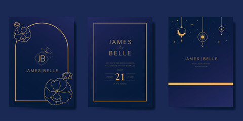 Obraz na płótnie Canvas Wedding invitation card design vector set. Elegant wedding card with little star moon and flower line art on navy blue background. Design illustration for cover, poster, gala.