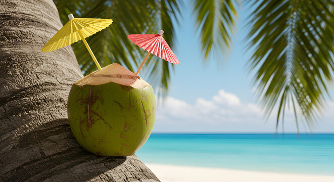 Tropical coconut hanging from palm tree over turquoise ocean water
