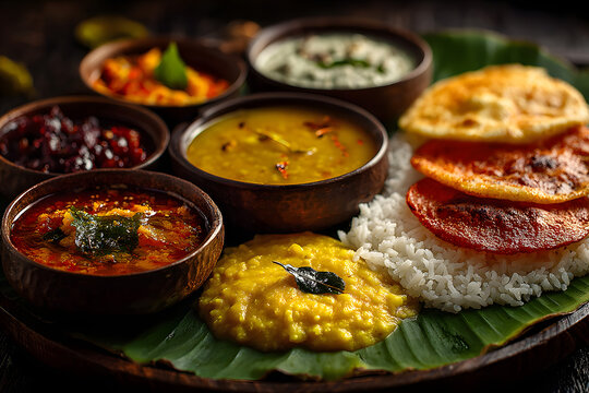 Traditional Onam sadhya rice Sambar, Rasam, parippu al curry ghee Pappadom Paysam on banana leaf Onam Vihu Pongal Diwali festival egetarian food Kerala Tami Nadu South India.