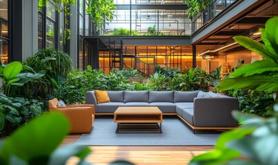 Office space filled with lush green plants promoting a sustainable nature-friendly corporate environment The image highlights the importance of environmental responsibility workplace, Generative AI