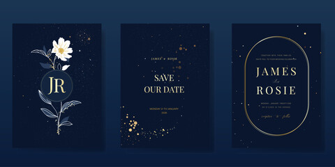 Obraz na płótnie Canvas Wedding invitation card design vector set. Elegant wedding card with little star and flower on navy blue background. Design illustration for cover, poster, gala.