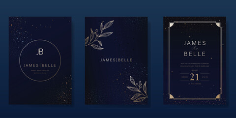 Fototapeta na wymiar Wedding invitation card design vector set. Elegant wedding card with little star and leaves branch on navy blue background. Design illustration for cover, poster, gala.