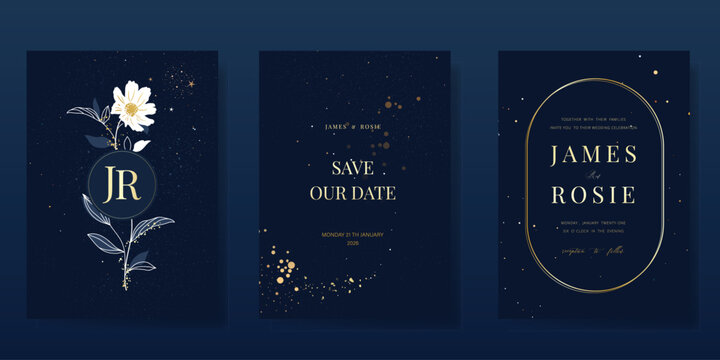 Wedding invitation card design vector set. Elegant wedding card with little star and flower on navy blue background. Design illustration for cover, poster, gala.