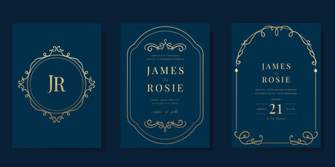 Obraz na płótnie Canvas Wedding invitation card design vector set. Elegant wedding card with frame antique art deco on navy blue background. Design illustration for cover, poster, gala.