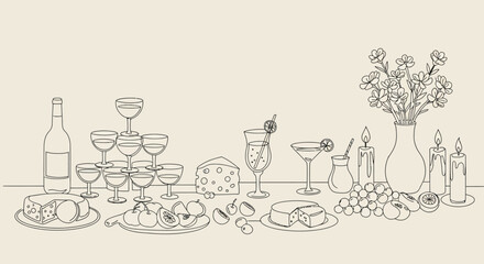 Elegant line art dining scene with wine, cheese, and floral centerpiece