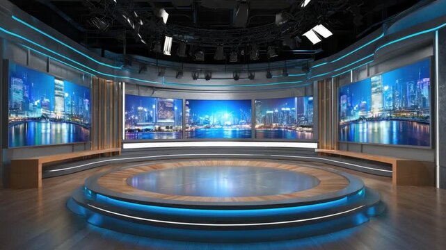 Modern Virtual Broadcast Studio: Dynamic Cityscape Screens, Blue Neon Lighting, and Sleek Stage Design